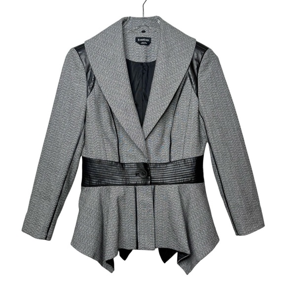 BEBE Vintage Gray Faux Vegan Leather Accent 90s Peplum Women’s Blazer Sz 6 - Picture 1 of 14